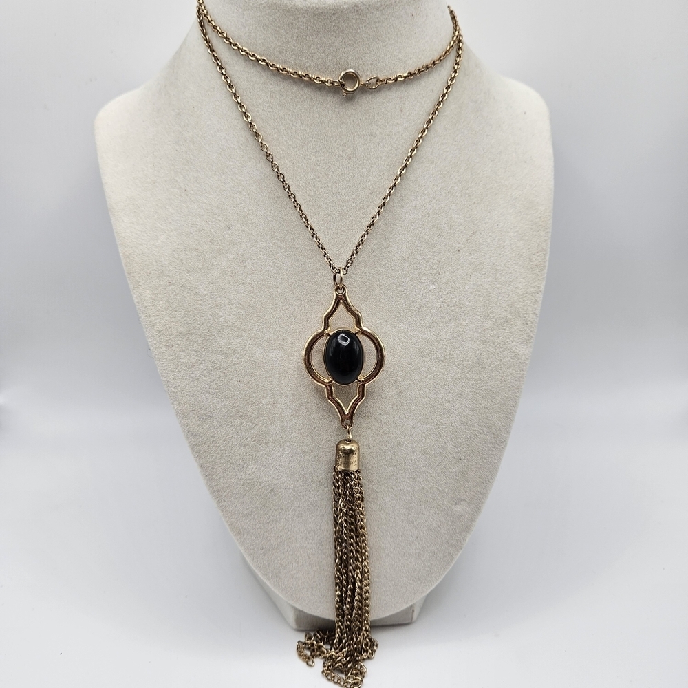 VINTAGE Reversible Cabochon Tassel Gold Tone Pendant Necklace